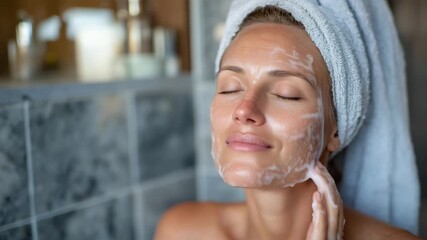 Satisfied young woman cleansing her face, thick white foam on skin, eyes closed peacefully, smooth natural lighting highlighting healthy complexion, daily beauty routine theme