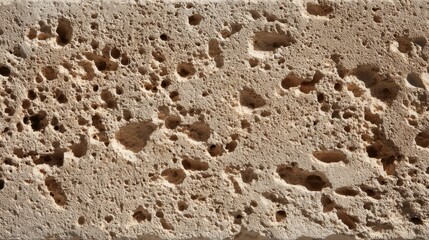 Obraz premium Close-up of porous limestone surface with irregular cavities and mineral textures in beige, brown, gray. Weathered appearance suggests erosion for geological, architectural, and nature projects