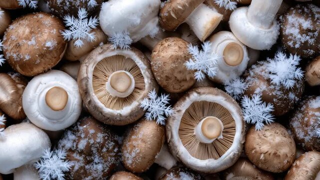 Seamless pattern of fresh white and brown mushrooms, whole and sliced caps arranged evenly, natural textured background, highlighting organic food and healthy eating concept