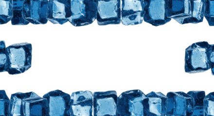 Four symmetrical borders of hyper-realistic, deep sapphire blue ice cubes and crushed ice, glistening with sharp edges, cracks, and condensation, against a transparent background. Concept for