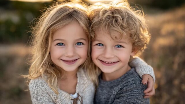 Siblings sharing a warm hug in the park, golden light illuminating joyful faces, soft shadows on grass, concept of love, friendship, and carefree childhood