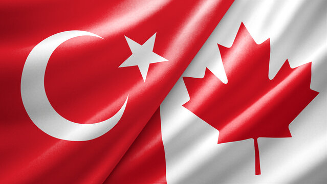 Turkey and Canada two national flags filling the entire frame, close-up view, edge-to-edge composition