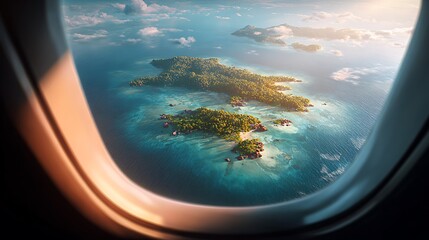 Aerial view of a tropical island, framed by an airplane window, with sunlit turquoise waters