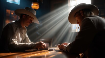 Two cowboys playing poker in a dark saloon with dramatic lighting. Western men gambling at a wooden table with smoke and sun rays