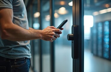 Man opens door with mobile phone in tech office. Employee holds smartphone near door lock sensor. Person grants access to server room using digital device and mobile app.