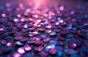 Purple and blue sequins scatter across a dark surface with soft bokeh lights in background. Glittering particles create a festive abstract texture like fish scales for celebrations.