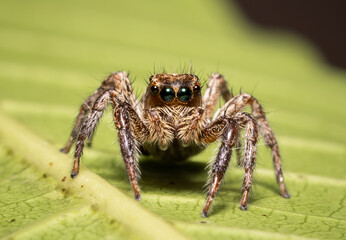 Fototapeta premium Jumping spider Which comes from the distinctive characteristics of fighters who can fly far to hunt prey.