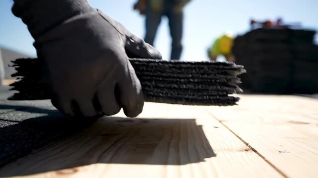 Construction worker wearing gray gloves stacks black shingles on a wooden rooftop under a clear blue sky.