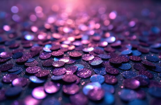 Purple and blue sequins scatter across a dark surface with soft bokeh lights in background. Glittering particles create a festive abstract texture like fish scales for celebrations.
