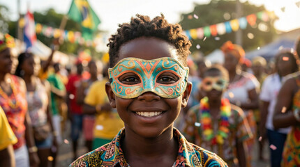 Happy young boy wearing decorative mask at vibrant festival celebration  