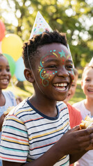 Happy black boy smiling at birthday party with friends outdoors  