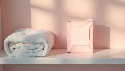 Soft pink feminine hygiene product package rests beside plush white towel on clean bathroom shelf. Gentle light creates cozy serene atmosphere, promoting self care and wellness.
