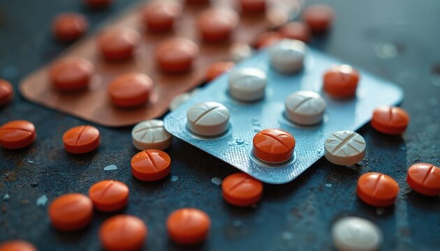 Orange and white pills scattered on dark surface with two blister packs. Round tablets are split with a score line. Some pills lie loose, others remain in packaging.