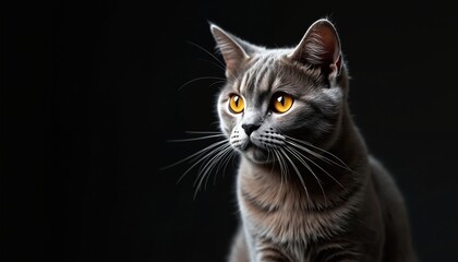 Grey domestic cat with bright orange eyes looks forward on black background. Pet has soft fur, long whiskers, pointed ears. Studio portrait of cute feline. Adorable mammal shows focused gaze.