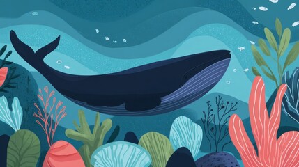 Whale swimming calmly through a whimsical underwater world enriched with shells and flowing sea forms. Serene imaginative scene for ocean conservation, fantasy art, and children's illustration themes