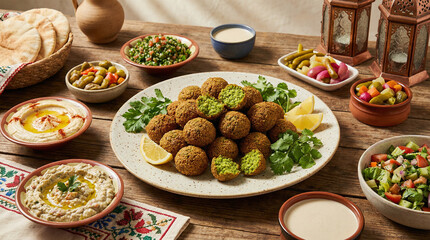 Traditional falafel platter with dips and fresh vegetables on table  