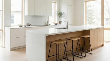 Modern kitchen interior with white cabinets and wooden island  