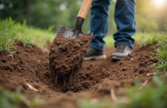 Man digs a hole in ground with shovel. Person prepares ground for planting plants in garden. Gardener works with tool on farm. Earth sticks to metal shovel outdoors.