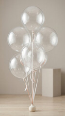 Clear balloons arranged in a cluster on a wooden surface  