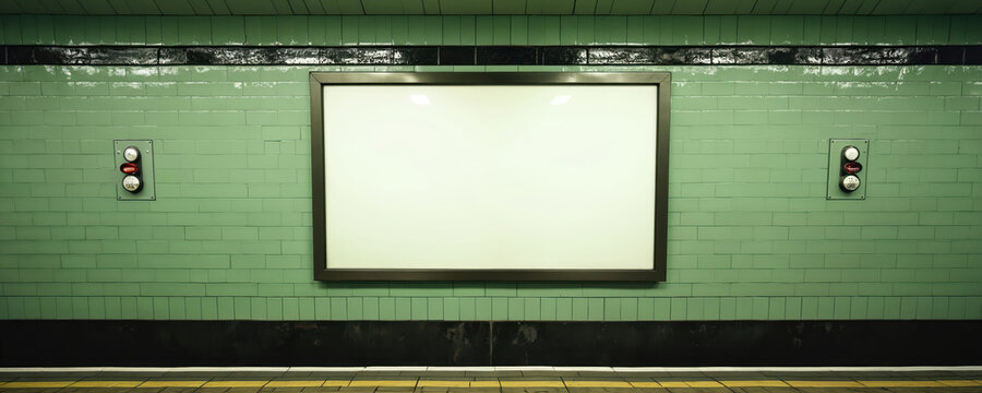 Blank billboard in London subway shows advert space. Empty frame mounted on tiled wall interior inside underground station. Copy space display provides modern opportunity to advertise service.