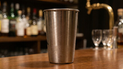 Stainless steel cocktail shaker on wooden bar counter with drinks  