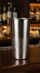 Metal shaker on wooden bar counter with blurred bottles in background  