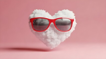 A surreal heart shaped cloud absurdly wearing red sunglasses on a pink background