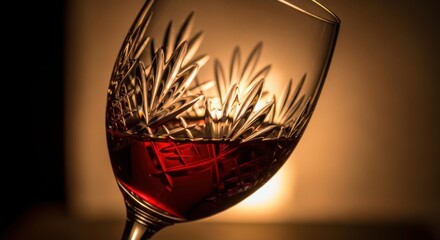 Red wine in a crystal glass shows intricate patterns and rich color, symbolizing luxury and celebration. Beverage for event or fine dining.