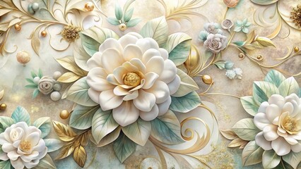 Elegant three dimensional floral background with creamy white blossoms, soft green foliage, and delicate gold scrollwork texture