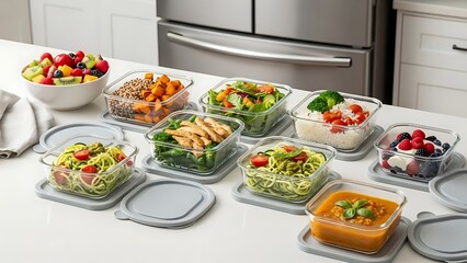 Healthy fitness meal prep containers with nutritious food and planner on a clean kitchen counter