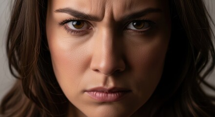 Close up of an angry woman with furrowed brows. Concept of frustration, stress, and dissatisfaction. Face expression conveying anger.