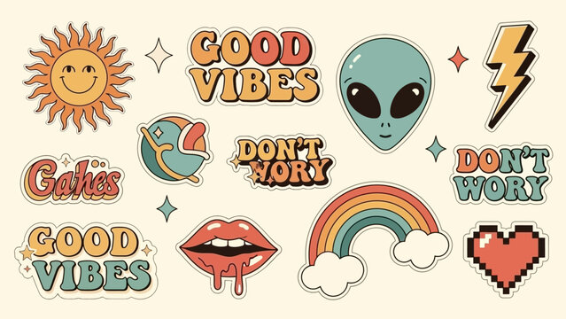 Retro Aesthetic Sticker Pack: Retro Sun, Alien, Rainbow, Lips, and More