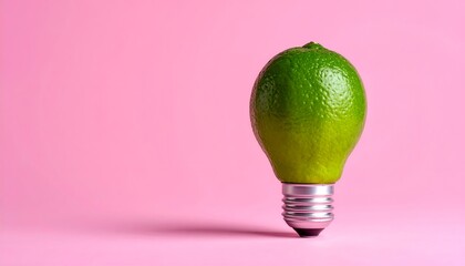 A surreal lime shaped light bulb stands absurdly on a vibrant pink background