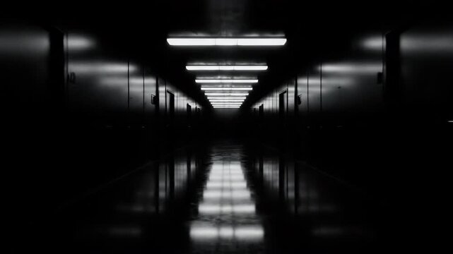 A dark hallway with overhead lights and doors stretching into the distance.