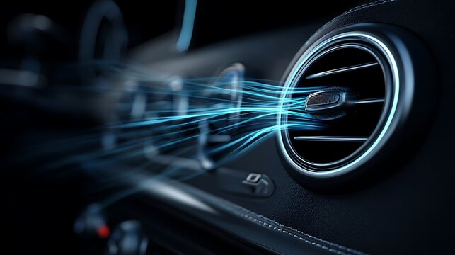 Car dashboard detail showing air vent with blue light effects, illustrating airflow - Powered by Adobe