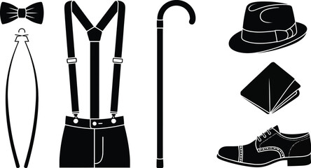 Black and white of men's fashion accessories and clothing suspenders pants