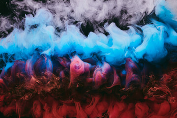 Abstract colorful smoke background. Moving flow of blue, red, white paints, fluid art