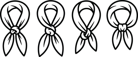 Black and white of tied ribbons with varying knot styles knots