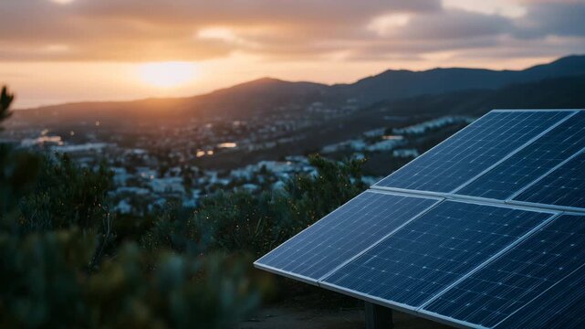 Warm sunset illuminating solar panels, suburban neighborhood backdrop, panels angled for maximum sun capture, highlighting renewable energy, clean tech, and environmental responsib
