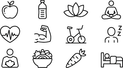 Black line of healthy lifestyle symbols including food exercise and rest apple bottle