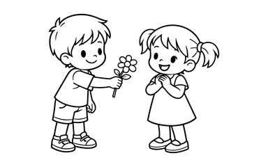 Cute cartoon boy giving a flower to a happy girl, line art illustration
