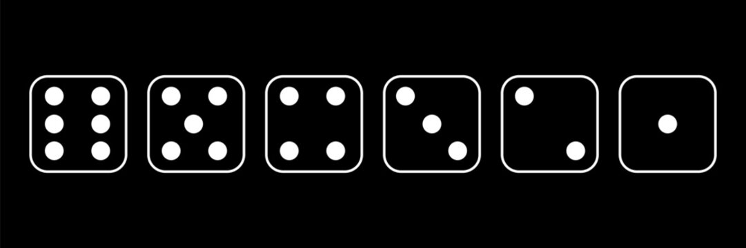 Diceline icons. Traditional die with six faces of cube marked with different numbers of dots or pips from 1 to 6. Vector illustration isolated on white background
