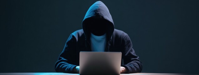 Mysterious hooded figure using laptop in dark room