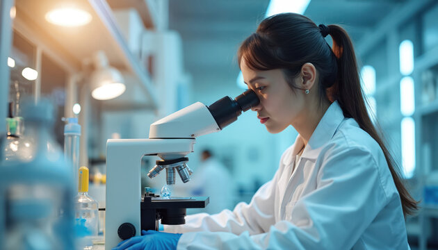 Female scientist studies sample using microscope in lab. Woman in white coat conducts research. Lab worker is focused on examination process. Biotechnology medical tech concept is. - Powered by Adobe