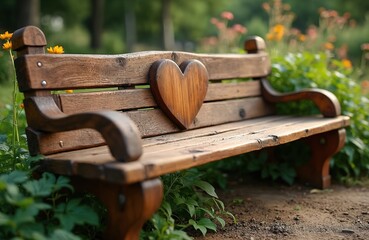 Wooden park bench with heart carving sits among green plants and flowers. Rustic garden offers peaceful spot for relaxation. Nature scene in daytime.