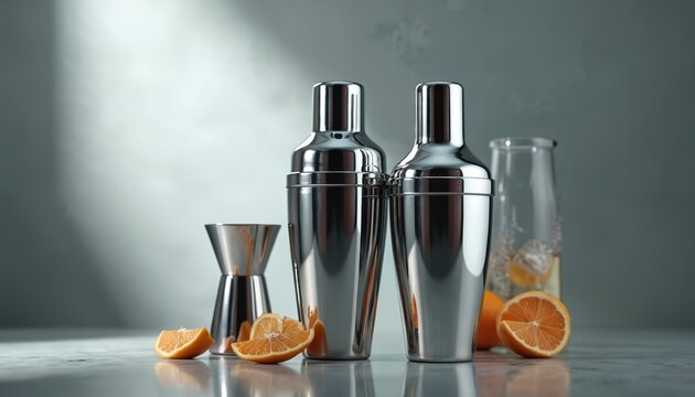 Shiny steel bar set with shakers jigger and fruits. Cocktail preparing kit for party or celebration. Elegant drinkware accessories for bartender with oranges slices on table.