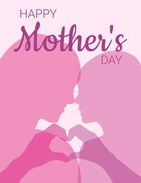 Mother's Day card with silhouettes. A delicate pink illustration for greetings with the inscription "Happy Mother's Day."