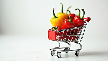 Miniature shopping cart filled with colorful bell peppers. Red and yellow vegetables sit inside small metal supermarket basket. Fresh produce on white background studio shot.