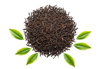Photorealistic extreme macro of deeply textured premium mahogany dried black tea leaves with silvery tips, scattered fresh jade green leaves, high-key white background. Concept for tea product