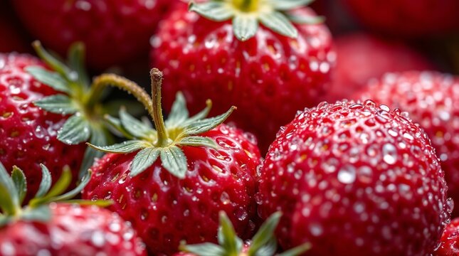 Macro close-up of fresh juicy strawberries covered in dew